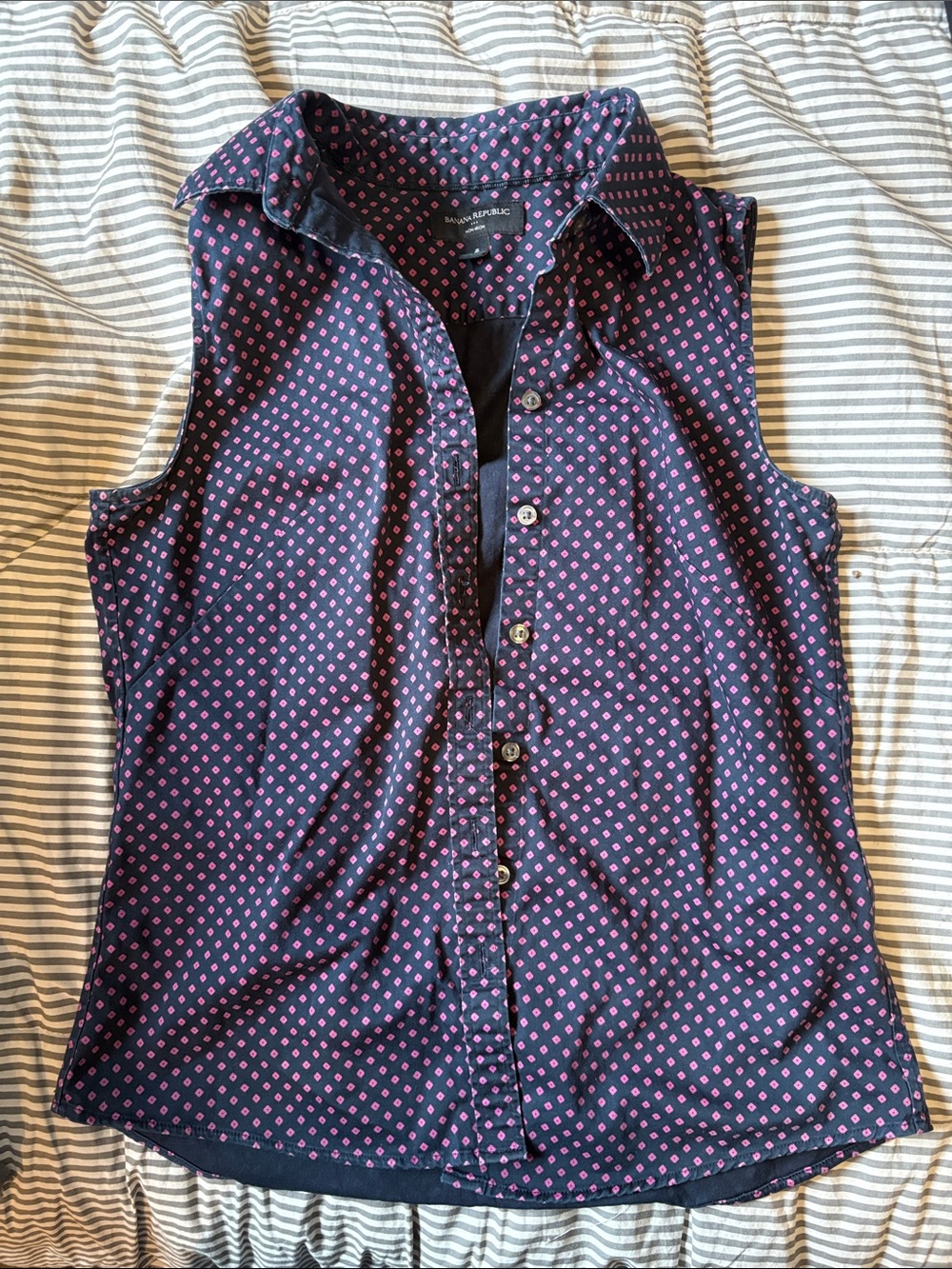 Banana Republic Navy Blouse with Pink Geometric Dot Print